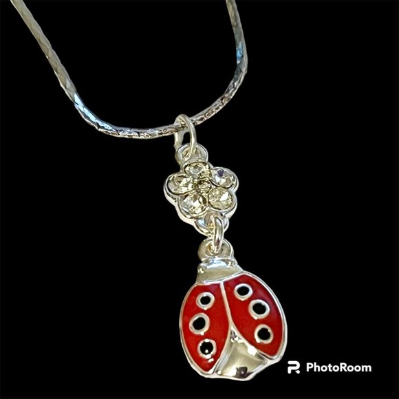 Silver Red Ladybug Pendant Necklace Crystal Plated 18" Chain Insect Enamel - Picture 2 of 12